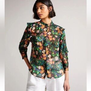 TED BAKER Abstract Floral Print Carita Ruffle Semi Sheer Shirt Blouse Top Sz 4